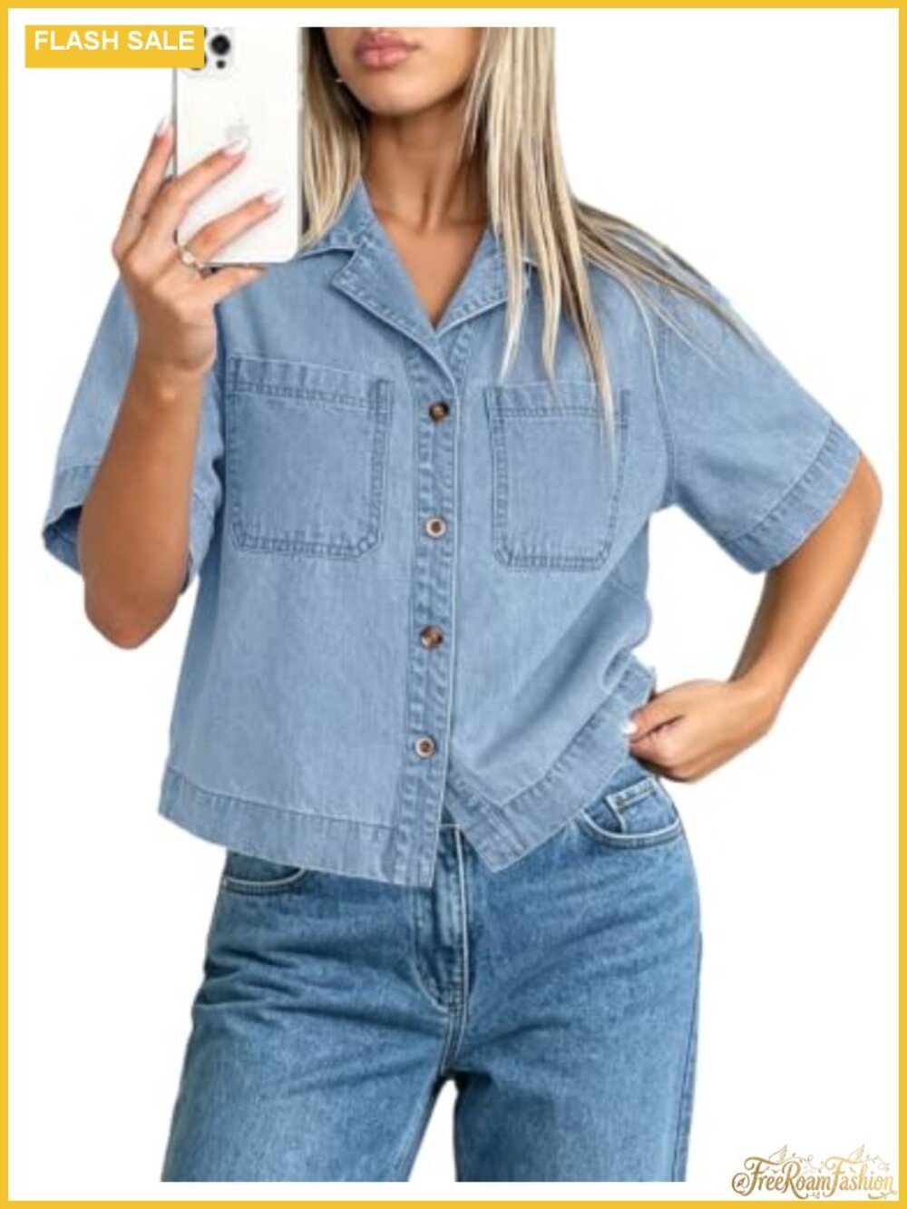 Women's Cropped Denim Button Down Shirt Short Sleeve Jean Top
